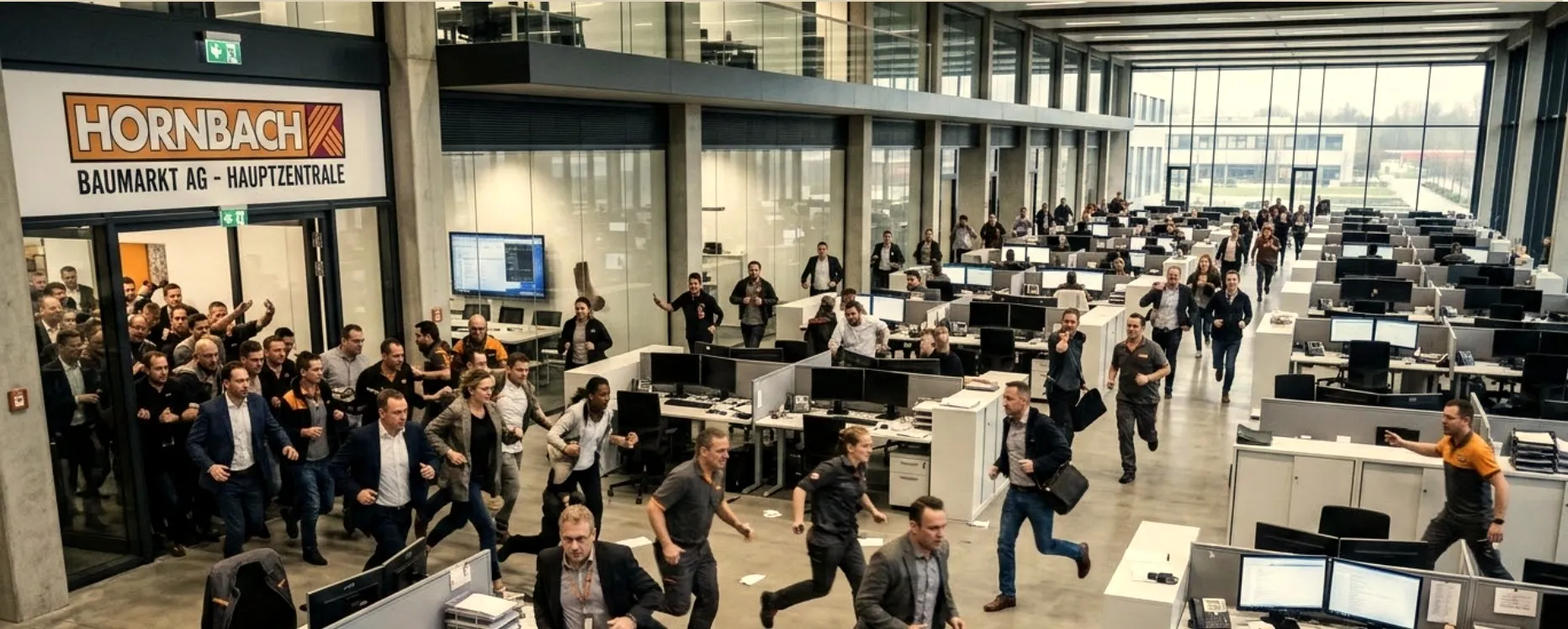 Belegschaft der HORNBACH-Hauptzentrale läuft aufgeregt durch ein Großraumbüro – Bildmotiv aus dem Programm zur Frage „Wann hattest Du dieses Gefühl zuletzt im Alltag mit KI?“