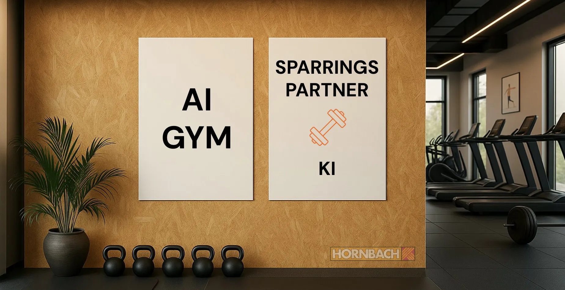 Zwei Poster an einer Fitnessstudio-Wand: „AI GYM“ und „Sparringspartner KI“ mit Hantel-Icon, davor Kettlebells und das HORNBACH-Logo
