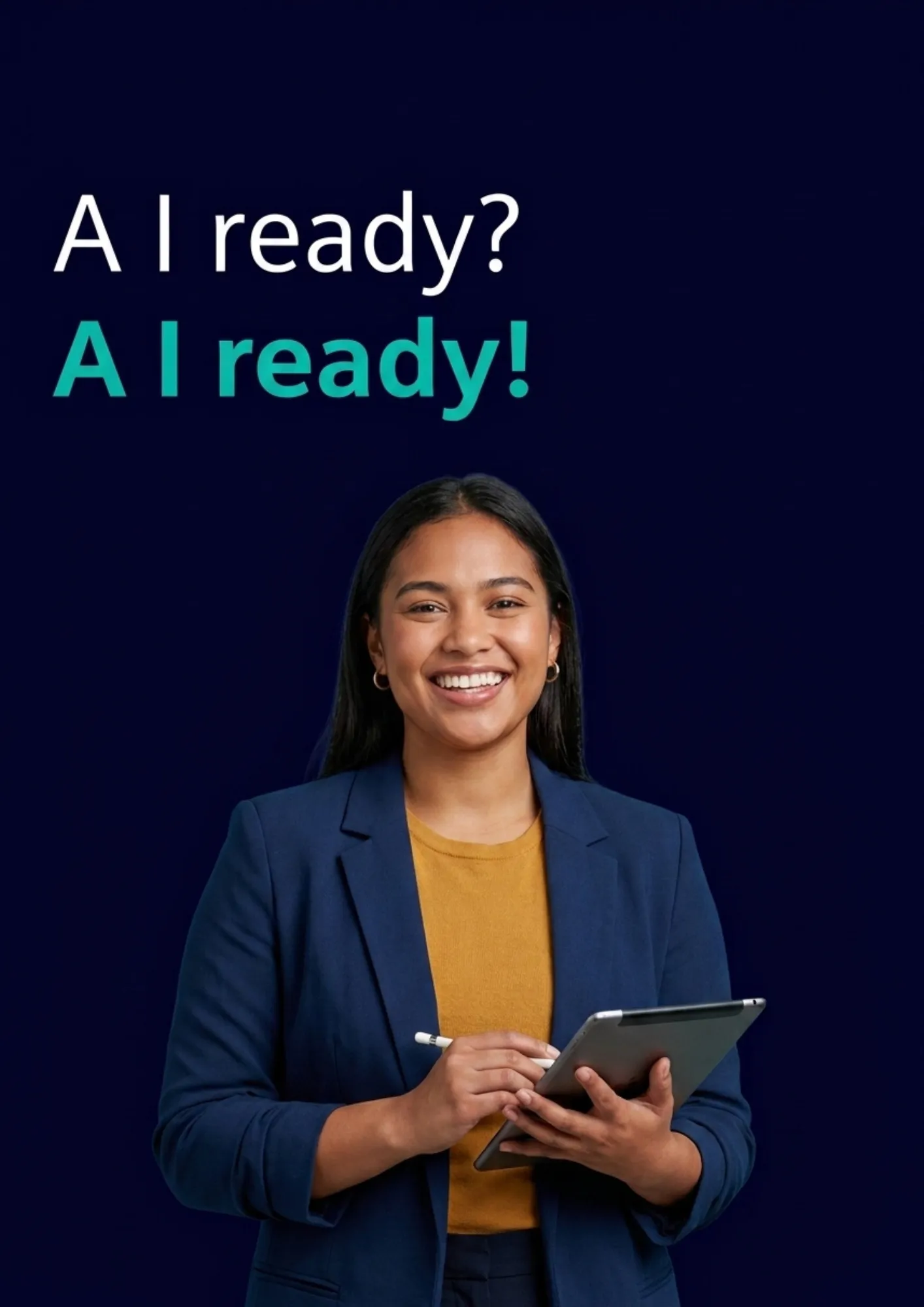 Siemens-Kampagnenmotiv „AI ready!“: eine lächelnde Mitarbeiterin mit Tablet vor dunklem Hintergrund